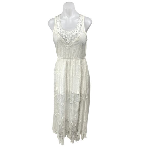 Forever 21 Dresses & Skirts - Forever 21 White Sleeveless Floral Lace Embroidered A Line Maxi Dress Size L